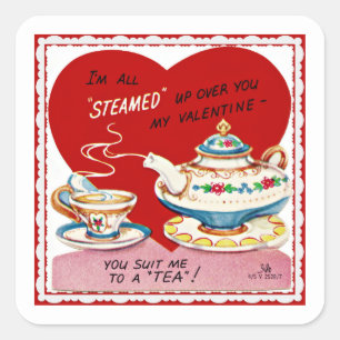Retro Valentinstag Tasse und Teekanne Quadratischer Aufkleber