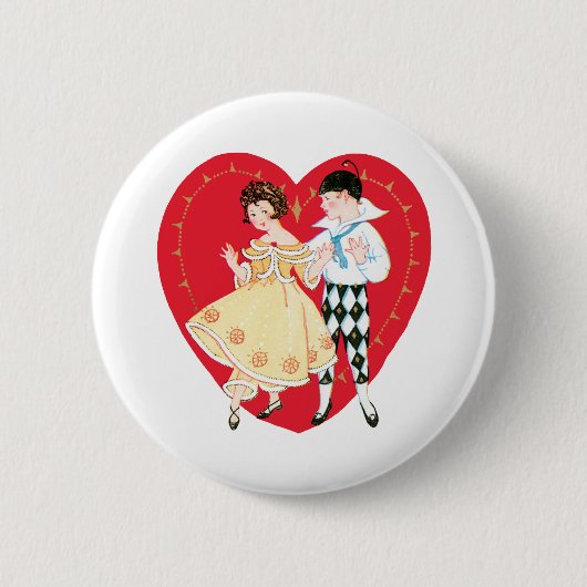 Retro Valentinstag, Vintag Harlequin und Herz Button (Vorderseite)