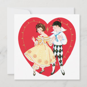 Retro Valentinstag, Vintage Harlekin und Herz Feiertagskarte