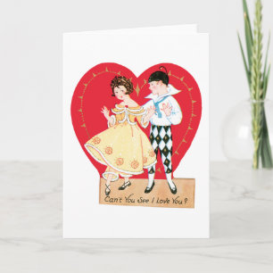 Retro Valentinstag, Vintage Harlekin und Herz Feiertagskarte
