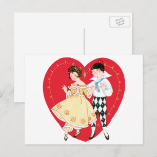 Retro Valentinstag, Vintage-Harlekin und Herz Feiertagspostkarte