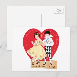Retro Valentinstag, Vintage Harlekin und Herz Feiertagspostkarte