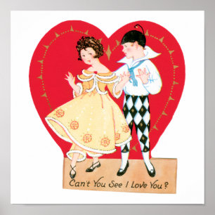 Retro Valentinstag, Vintage-Harlekin und Herz Poster