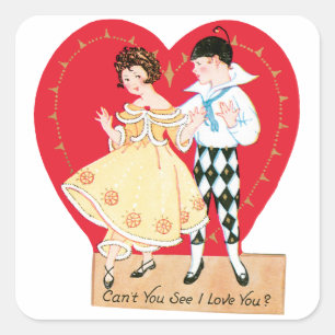 Retro Valentinstag, Vintage-Harlekin und Herz Quadratischer Aufkleber