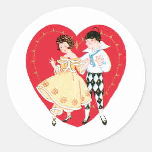 Retro Valentinstag, Vintage-Harlekin und Herz Runder Aufkleber