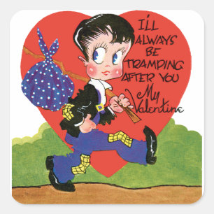 Retro Valentinstag, Vintage-Hobo-Junge-Herz Quadratischer Aufkleber