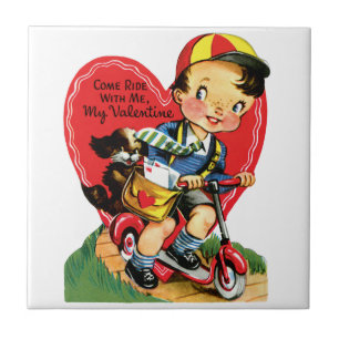 Retro Valentinstag, Vintage Junge auf einem Roller Fliese