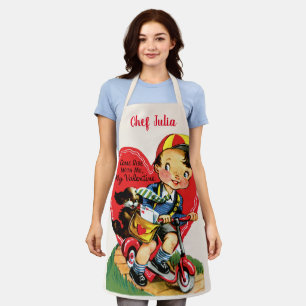 Retro Valentinstag, Vintage Junge auf einem Roller Schürze