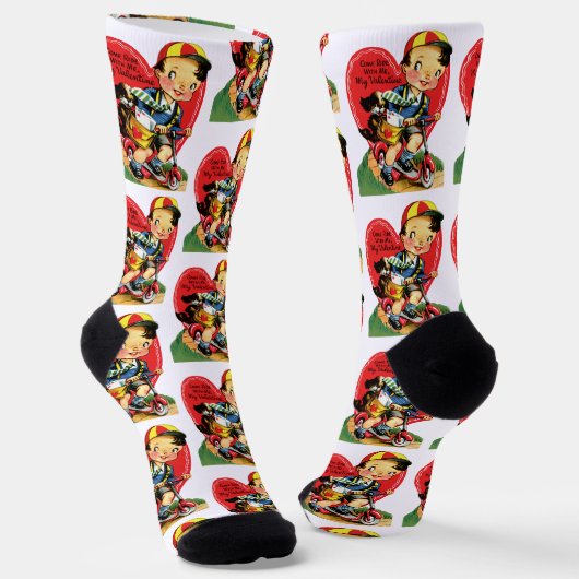 Retro Valentinstag, Vintage Junge auf einem Roller Socken (Gewinkelt)