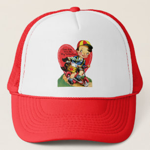 Retro Valentinstag, Vintage Junge auf einem Roller Truckerkappe
