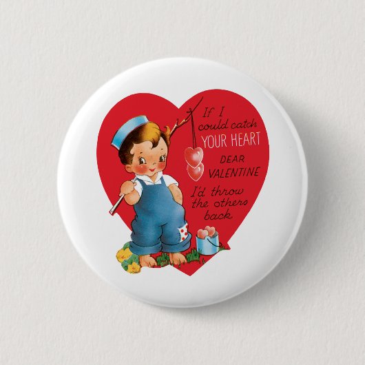 Retro Valentinstag, Vintage Junge fischt Herzen Button (Vorderseite)