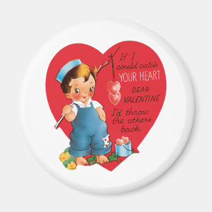 Retro Valentinstag, Vintage Junge fischt Herzen Magnet
