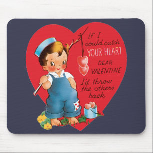 Retro Valentinstag, Vintage Junge fischt Herzen Mousepad