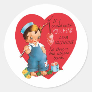 Retro Valentinstag, Vintage Junge fischt Herzen Runder Aufkleber