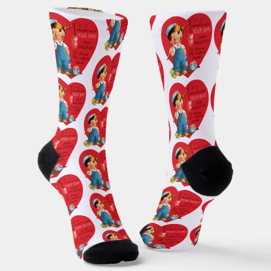 Retro Valentinstag, Vintage Junge fischt Herzen Socken (Gewinkelt)