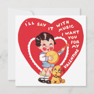Retro Valentinstag, Vintage-Junge-Musik-Banjo Feiertagskarte