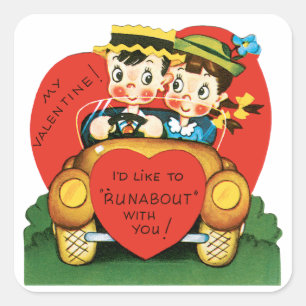 Retro Valentinstag, Vintage Junge und Mädchen im A Quadratischer Aufkleber