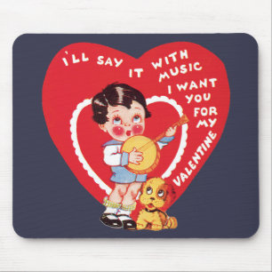 Retro Valentinstag, Vintage Jungen Musik Banjo Mousepad