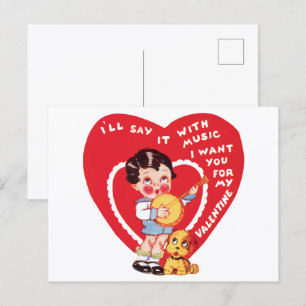 Retro Valentinstag, Vintage Jungen Musik Banjo Postkarte