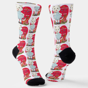 Retro Valentinstag Vintage-Katze isst Eiscreme Socken