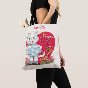 Retro Valentinstag Vintage-Katze isst Eiscreme Tasche