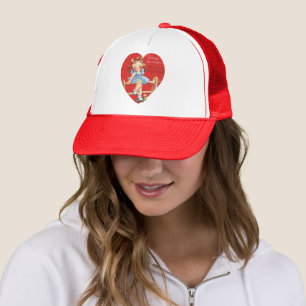 Retro Valentinstag, Vintage Mädchen auf einem Zaun Truckerkappe