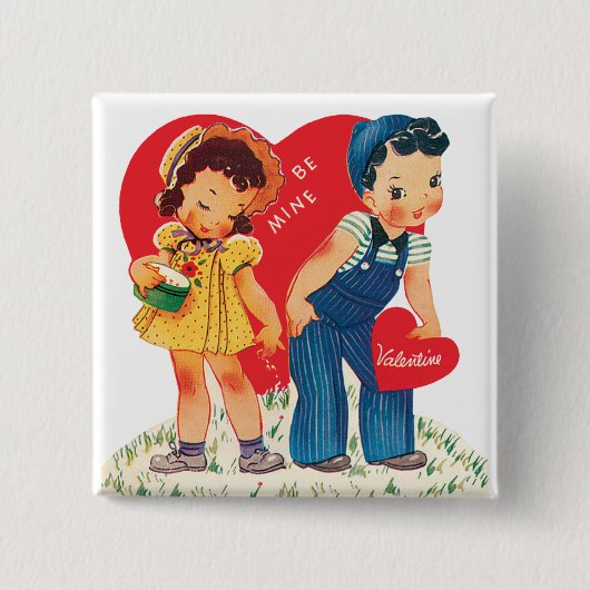 Retro Valentinstag, Vintage Mädchen- und Jungenher Button (Vorderseite)