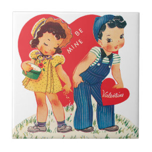 Retro Valentinstag, Vintage Mädchen- und Jungenher Fliese