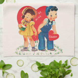 Retro Valentinstag, Vintage Mädchen- und Jungenher Geschirrtuch