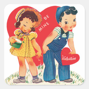 Retro Valentinstag, Vintage Mädchen- und Jungenher Quadratischer Aufkleber