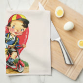 Retro Valentinstag, Vintager Junge auf einem Scoot Geschirrtuch (Viertel Falte)