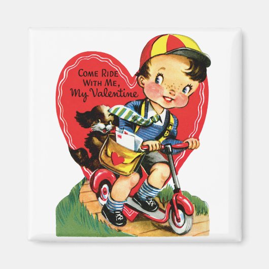 Retro Valentinstag, Vintager Junge auf einem Scoot Magnet (Vorne)