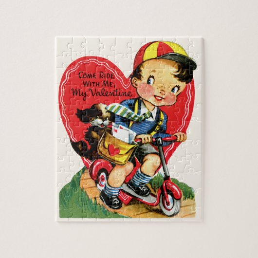 Retro Valentinstag, Vintager Junge auf einem Scoot Puzzle (Vertikal)