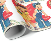 Retro Valentinstag, Vintages Mädchen und junge Her Geschenkpapier (Rolleneckpunkt)