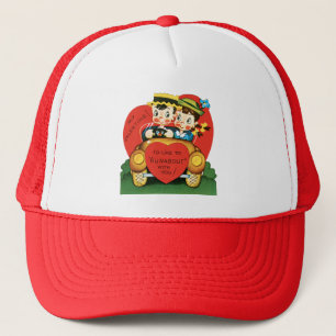 Retro Valentinstag, Vintages Mädchen und Junge im Truckerkappe