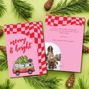 Retro Van Checkerboard Merry & Bright Christmas Feiertagskarte