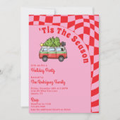 Retro Van Red Pink Checkerboard Weihnachts-Party Einladung (Vorderseite)