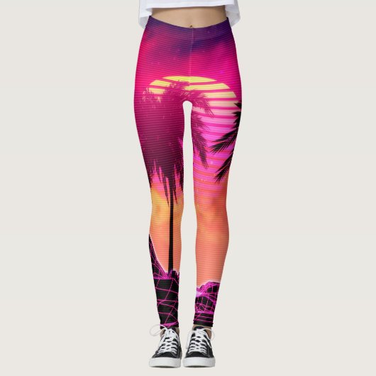 Retro vaporwave Landschaft mit Felsen und Palmen Leggings (Vorderseite)