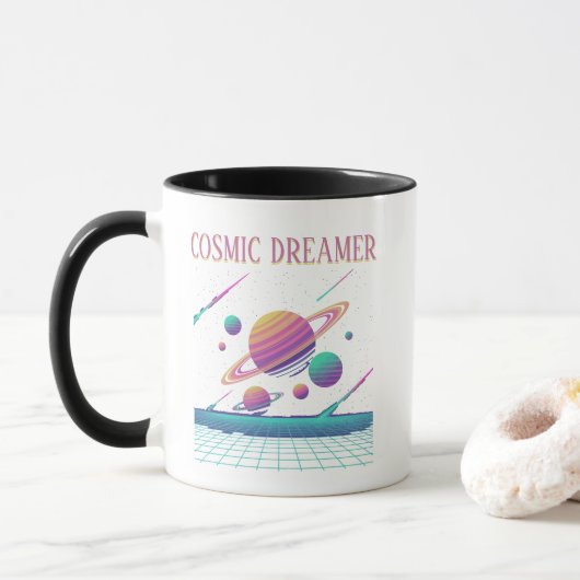 Retro-Vaporwave-Planeten-Synthwave Tasse (Mit Donut)