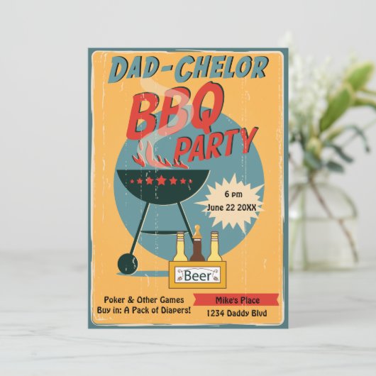 Retro Vater Chelor GRILLEN Party Babydusche Einladung (Stehend Vorderseite)