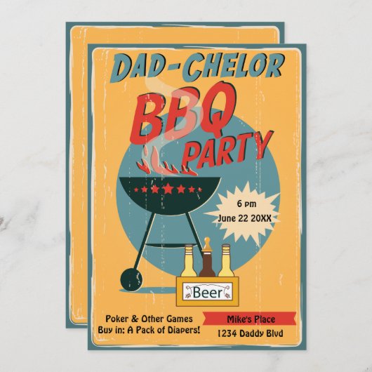 Retro Vater Chelor GRILLEN Party Babydusche Einladung (Vorne/Hinten)