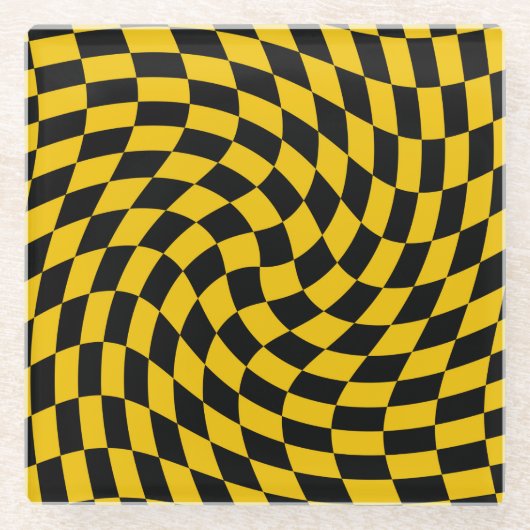 Retro-verschleierte schwarz-gelbe Karos geprüft Glasuntersetzer (Vorderseite)