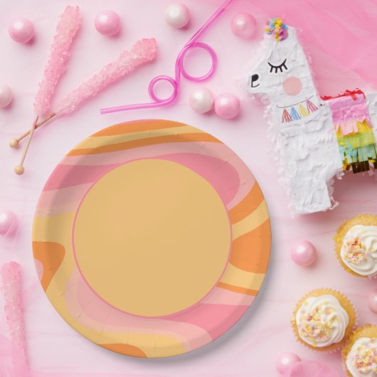 Retro Vibe Abstrakt Swirl 60er 70er Rosa und Gelb Pappteller (Party)