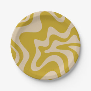 Retro Vibe Liquid Swirl Muster in Mustard Gelb Pappteller