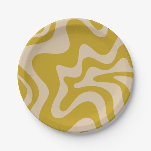 Retro Vibe Liquid Swirl Muster in Mustard Gelb Pappteller (Vorderseite)