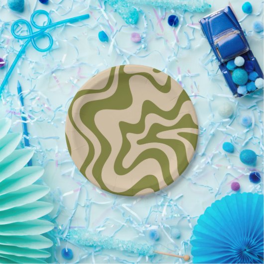 Retro Vibe Liquid Swirl Muster in Olive Green Pappteller (Party)