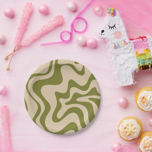 Retro Vibe Liquid Swirl Muster in Olive Green Pappteller (Party)