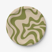 Retro Vibe Liquid Swirl Muster in Olive Green Pappteller (Vorderseite)