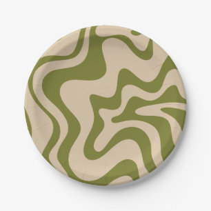 Retro Vibe Liquid Swirl Muster in Olive Green Pappteller