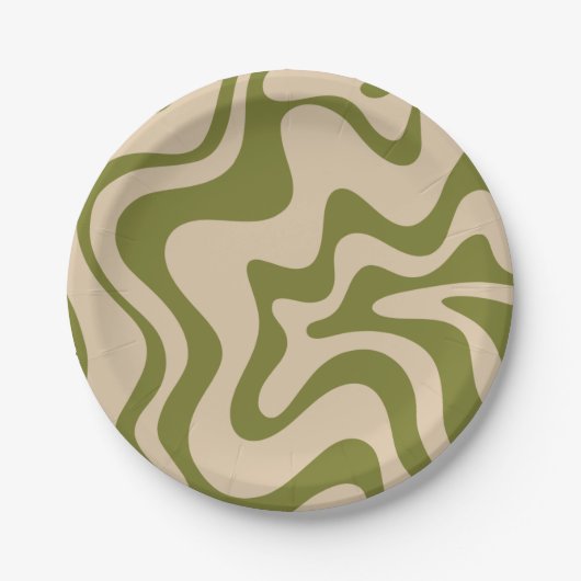 Retro Vibe Liquid Swirl Muster in Olive Green Pappteller (Vorderseite)